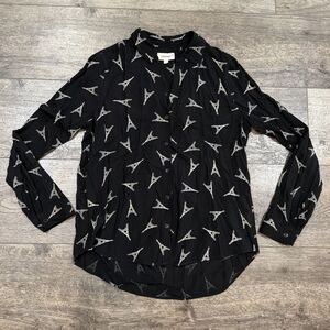 L'AGENCE Eiffel Tower AOP Print Blouse Women's S Black Paris Button Down Shirt